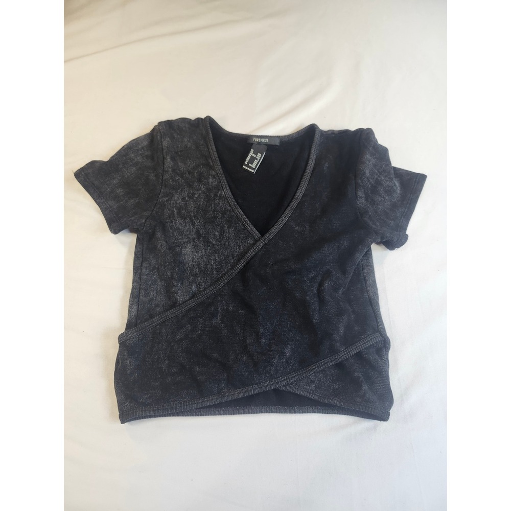Forever 21 Acid Wash Wrap Top Charcoal Grey‎ Surplice V-Neck Short Sleeve M/L